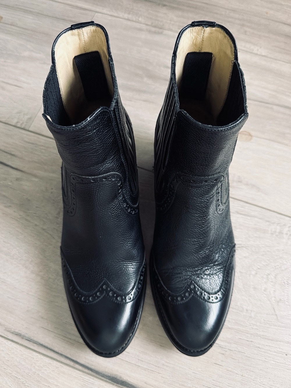 The Office of Angela Scott Black Chelsea Booties Wingtip Heel 7.5